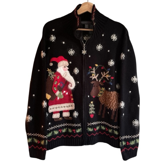 Northern Isles Sweaters - Vintage Northern Isles Black Knit Christmas Santa Reindeer Embroidered Cardigan